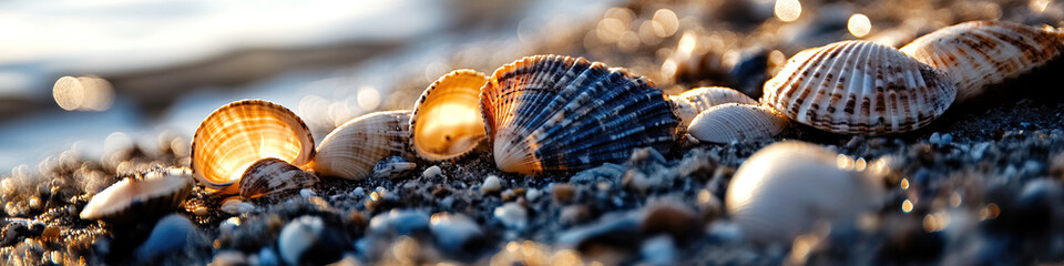 Seashells on Beach at Sunset