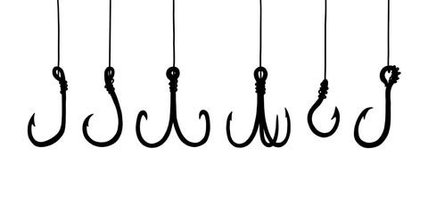 Fish Hook with Line Black Silhouette Set