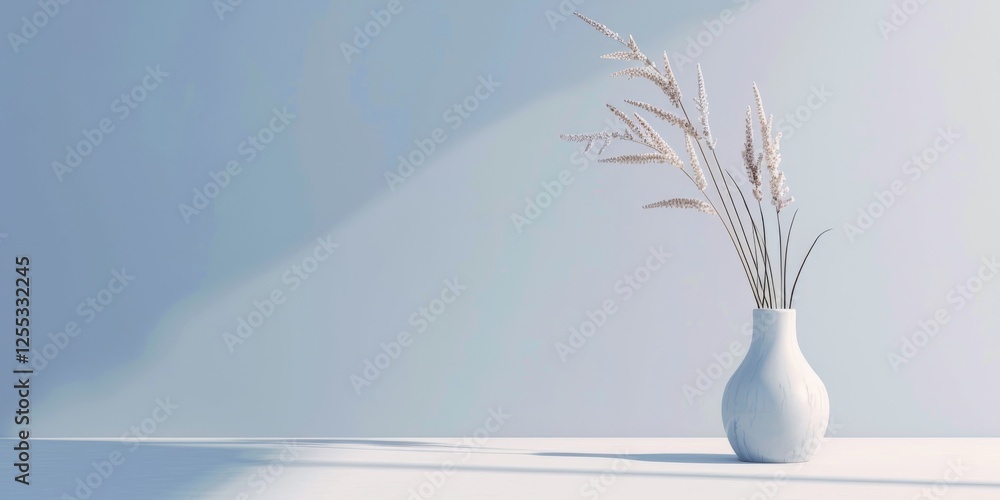 Poster a minimalistic setup featuring a light lavender blue backdrop, smooth textures and clean shapes, con
