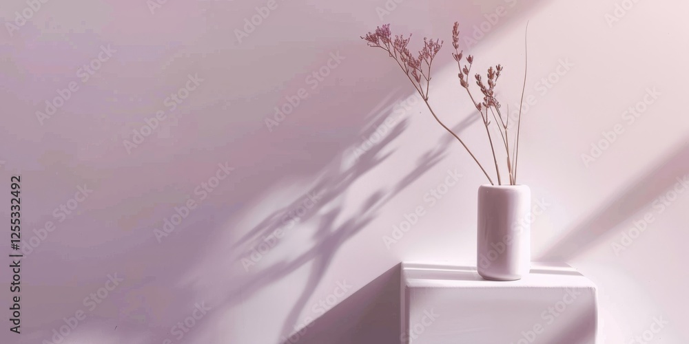 Poster a minimalistic setup featuring a light lavender gray backdrop, smooth textures and clean shapes, con