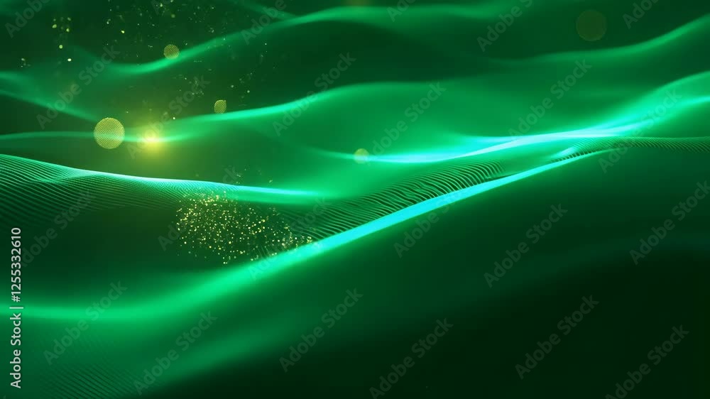Poster emerald green wavy background with floating light particles