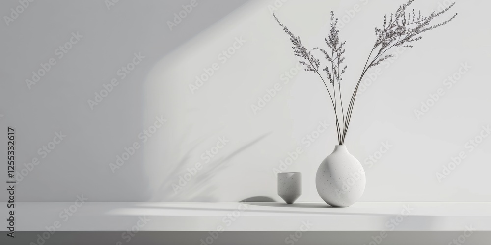 Poster a minimalistic setup featuring a light lavender gray backdrop, smooth textures and clean shapes, con