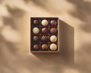 An open box reveals a delightful assortment of chocolate pralines, arranged on a light brown background. The rich textures and inviting colors enhance the luxurious feel of this sweet indulgence.