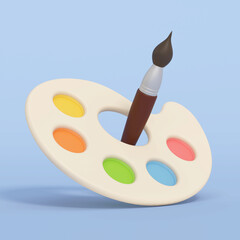 Cartoon pallette and paintbrush isolated on blue background. 3D illustration