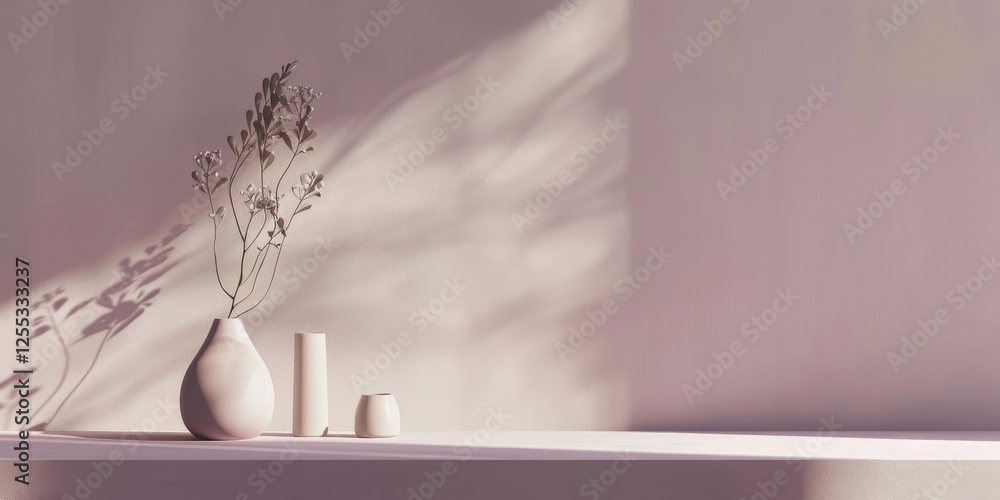 Poster A minimalistic setup featuring a light mauve backdrop, Smooth textures and clean shapes, Contemporary minimalist style