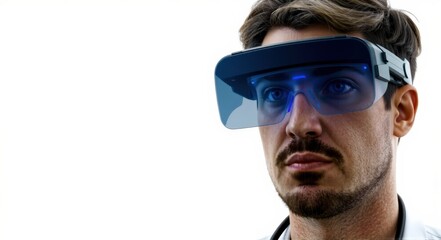 Male doctor wearing augmented reality goggles, abstract of future medicine, on white background