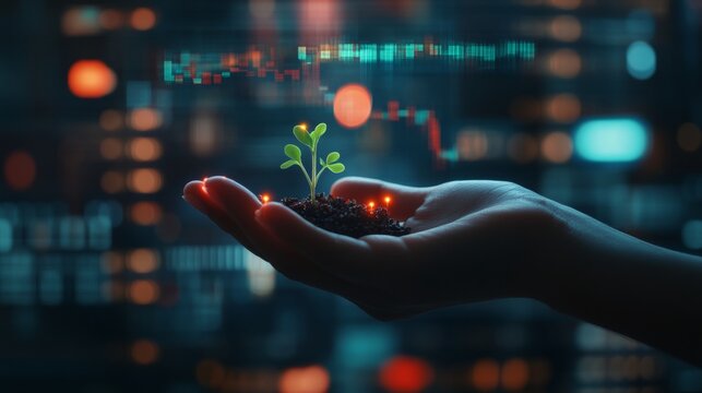 Sustainable Growth and Investing Hand Holding Sprout With Stock Market Graph Overlay