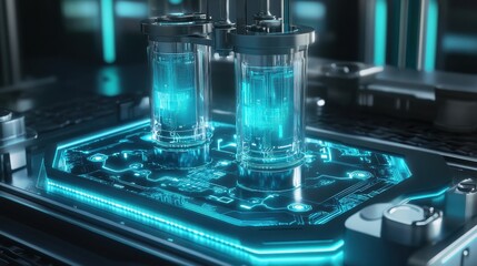 Quantum Processor Glowing with Neon Blue Circuits