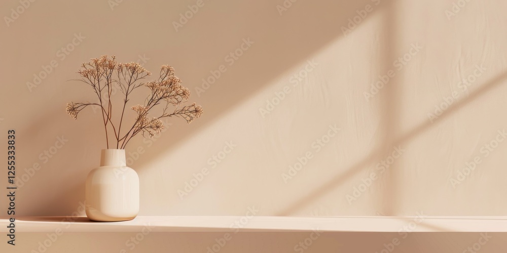 Poster A minimalistic setup featuring a light peach cream backdrop, Smooth textures and subtle shapes, Contemporary minimalist style