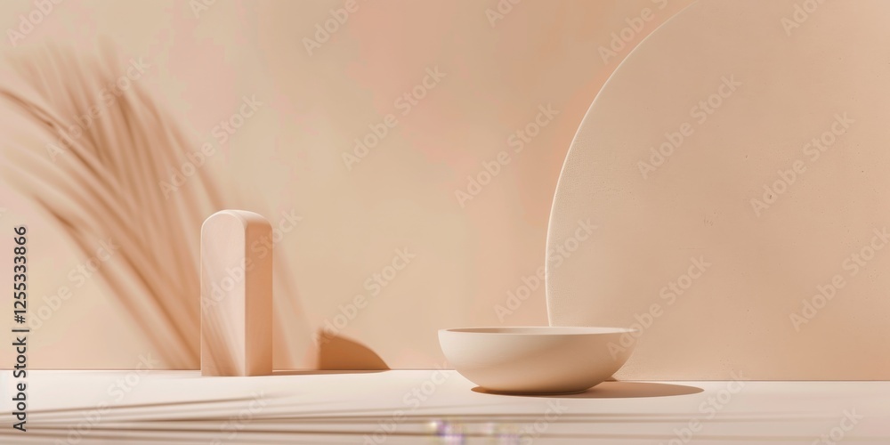 Poster A minimalistic setup featuring a light peach cream backdrop, Smooth textures and subtle shapes, Contemporary minimalist style