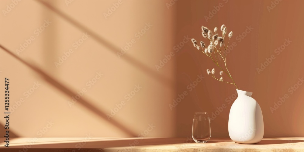 Poster A minimalistic setup with a light terracotta background, Smooth gradients and simple forms, Contemporary minimalist style