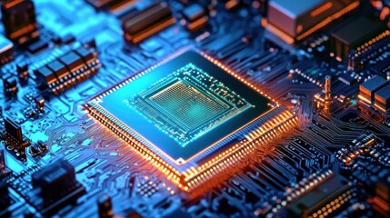 Fototapeta premium Quantum Chip Glowing Under Holographic Data Project