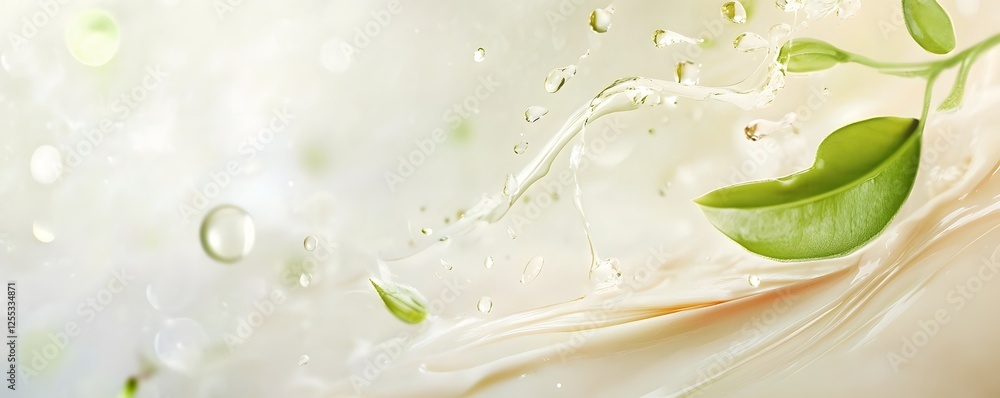 Poster Splashing water droplets on fresh green leaves creating a serene and natural background  The transparent liquid creates a sense of cleanliness purity and harmony in the natural environment