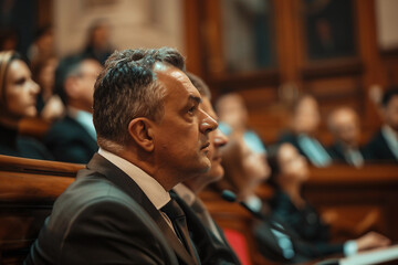 Obraz premium Generative AI representation of a judge presiding in a courtroom during a legal trial
