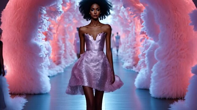 Fashion Runway with Glamour: A stunning model showcases a shimmering dress as she confidently walks down the runway, enveloped by soft, cloud-like decorations and lights.