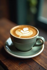 Close-up, coffee cup with latte art, rustic wood , foam, closeup