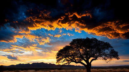 Fiery sunset sky over savanna tree, mountains background; nature wallpaper