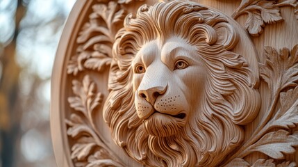 Fototapeta premium Intricate wooden lion carving outdoors, autumn
