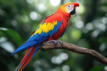 Scarlet Macaw Perched on a Branch in Lush Green Foliage