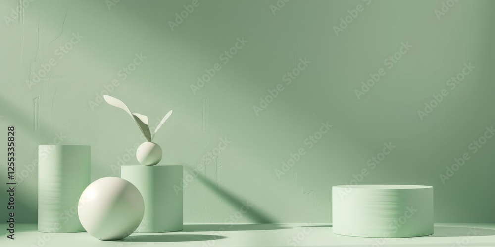 Poster a minimalistic setup with a soft jade green background, smooth gradients and clean lines, contempora