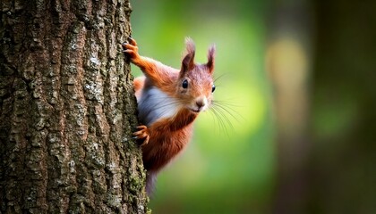 A playful red squirrel curiously peeking from behind a tree trunk, its bright eyes filled with curiosity