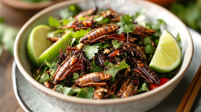 Exotic food insect bugs crocket salad asian thai spicy mix white bowl