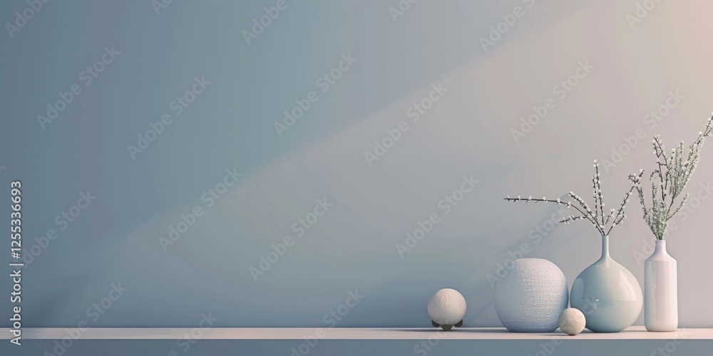 Poster a minimalistic setup with a soft slate blue background, smooth gradients and clean lines, contempora