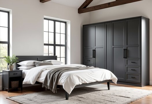 Farmhouse Style Bedroom: Modern Interior with Black Steel Frames, White Walls, Soft Bed, Large Wardrobe & Neutral Tones


