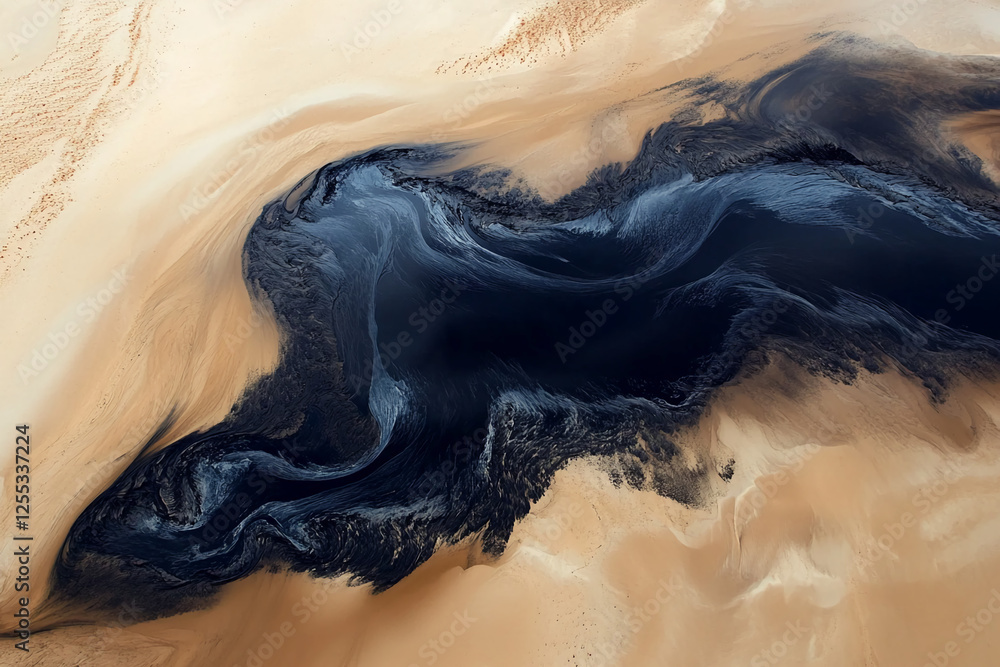 Poster Aerial view of black oil mixing with golden sand in a desert landscape, creating abstract textures and patterns, symbolizing the fusion of nature and pollution.