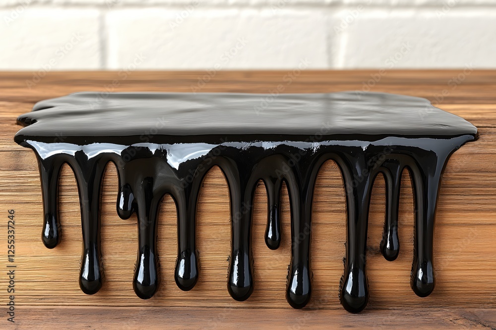 Poster dripping black paint on wooden surface creating abstract pattern with white brick background