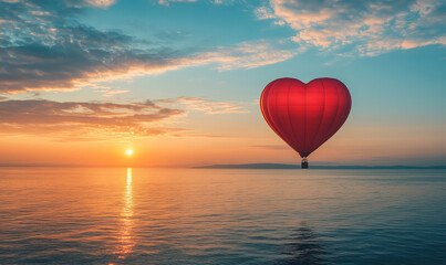 Obraz premium A heart-shaped hot air balloon drifts above the ocean at sunset, capturing a romantic and dreamy scene. The warm hues of the sky and water reflect the beauty of love and adventure.