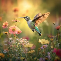 Naklejka premium Hummingbird hovering near flowers in garden at sunrise