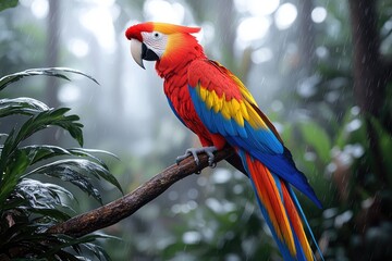 Obraz premium Scarlet Macaw Perched on Branch in the Rain