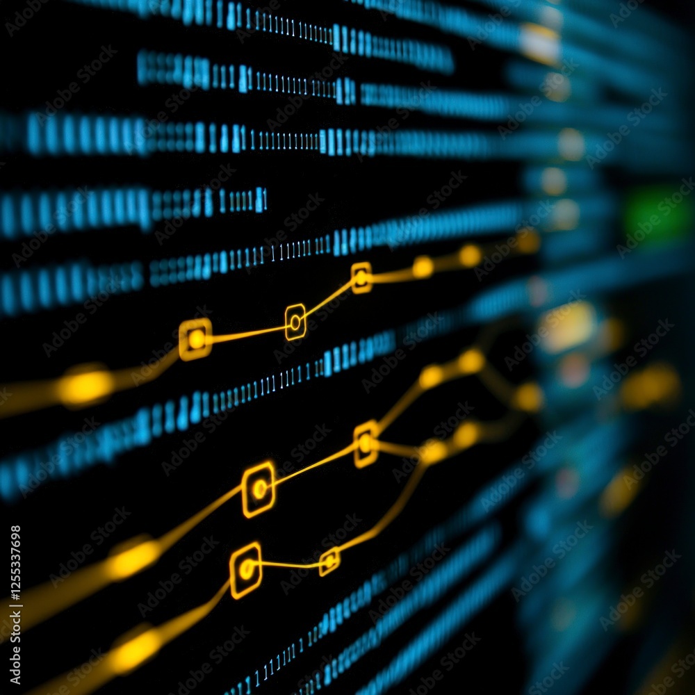 Poster abstract digital data network visualization with glowing yellow lines on dark blue background