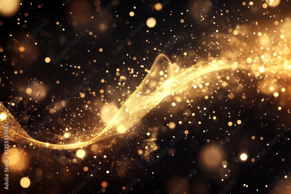 Poster sparkling golden wave with glowing bokeh on dark background