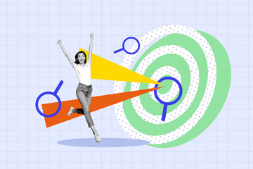 Composite art 3d creative image collage of excited girl employee run target icon development magnifier lens vacancy search victory