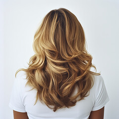 Fototapeta premium Portrait of a woman with wavy hair, viewed from behind, against a white background, wearing a t-shirt. High-resolution photography. 