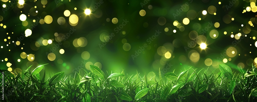 Poster glowing green grass with sparkling light bokeh and dew drops