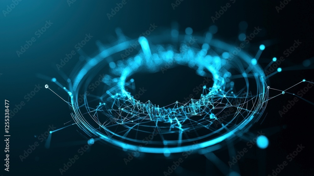 Poster abstract digital network connection: blue glowing particles and lines in dark space