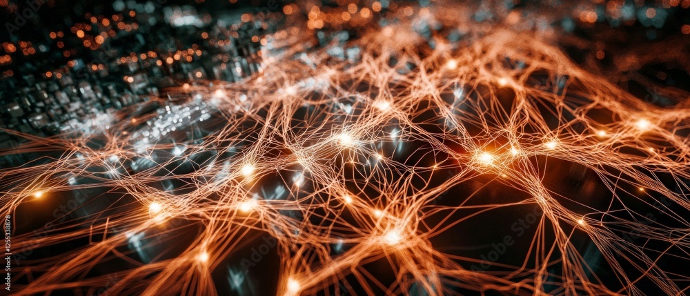 Poster abstract digital network with orange glowing lines and dark background