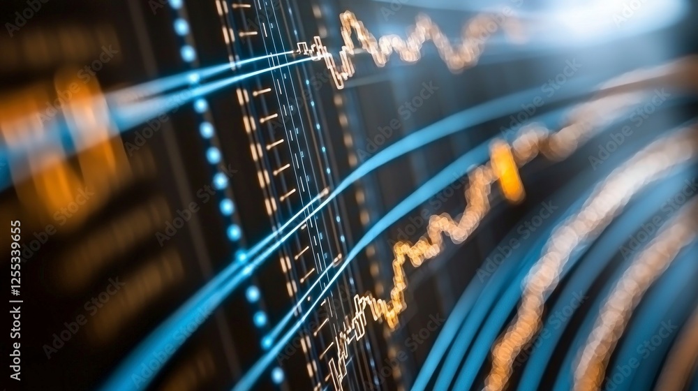 Poster abstract financial data visualization with dynamic blue and orange curves on a dark background