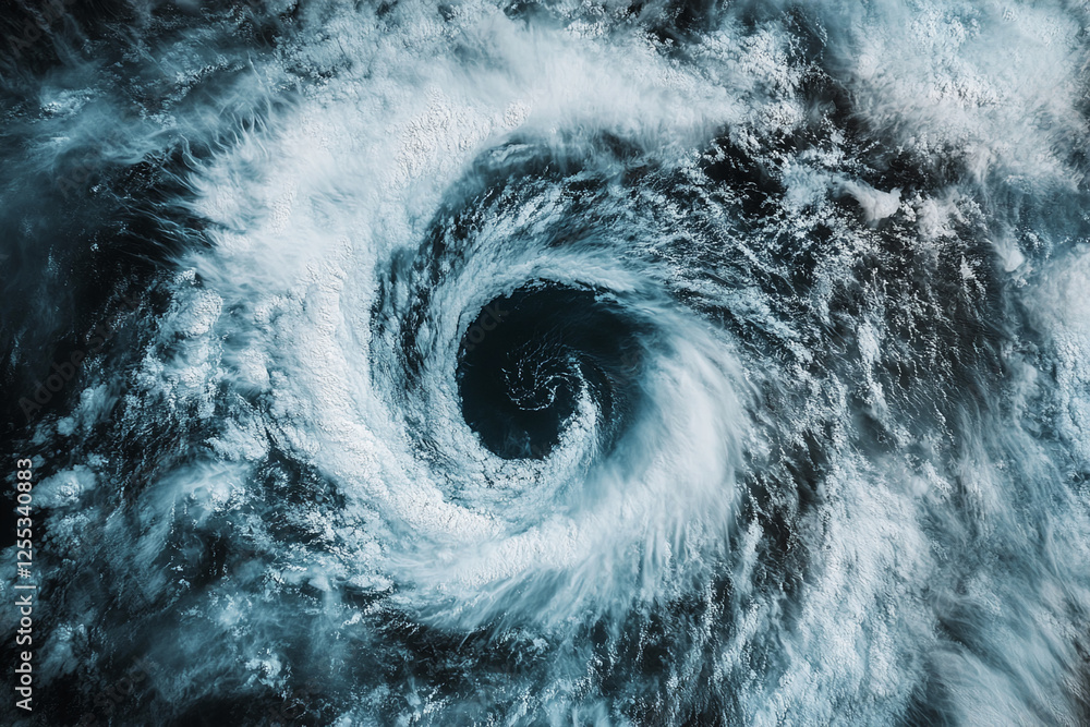 Poster aerial view of a swirling vortex in the ocean, with white foam and dark water creating a dynamic and