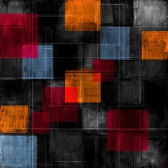 Abstract Geometric Composition with Dark Background and Red Orange Gray Blue Squares