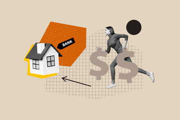 Exclusive art banner collage of happy businesswoman run bank building home carry dollar symbol...