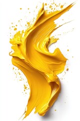Fototapeta premium Vibrant yellow paint swirl with splashes on a white background, showcasing creativity