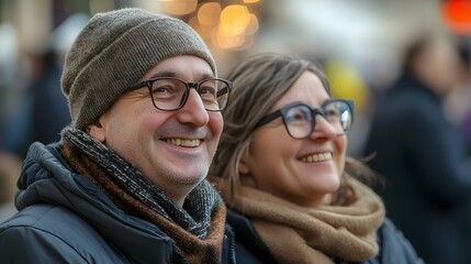 Fototapeta premium Two smiling friends dressed warmly in winter coats scarves and glasses standing on a city street together engaged in a cheerful and friendly conversation conveying a sense of joy happiness