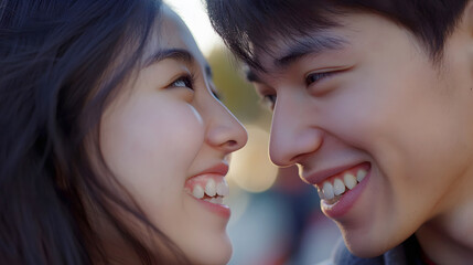 Two young Asian individuals sharing a tender affectionate moment of connection and intimacy their faces close together and radiating happiness and joy