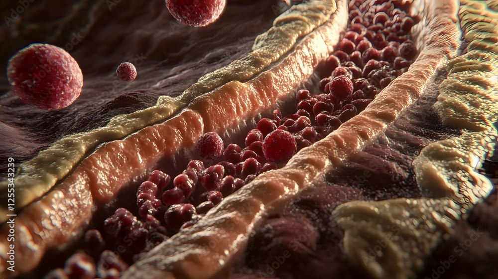 Poster vibrant and magnified view of various microorganisms and cellular structures under a microscope in a
