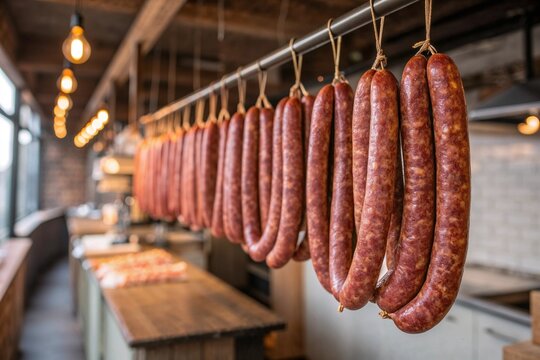 Row of freshly made raw sausages hanging in butcher shop, natural diffused lighting, rustic kitchen background