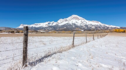 Snow-capped mountain vista, autumnal field, fence, winter landscape